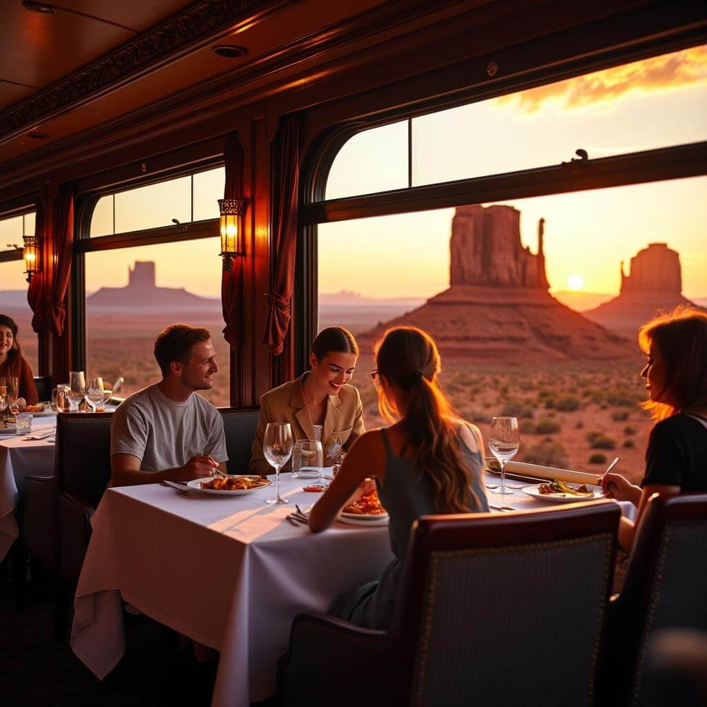 Elegant dining car at sunset with passengers enjoying meals, white-clothed tables, and panoramic windows showcasing a dramatic desert landscape with red rock formations in warm golden hour lighting