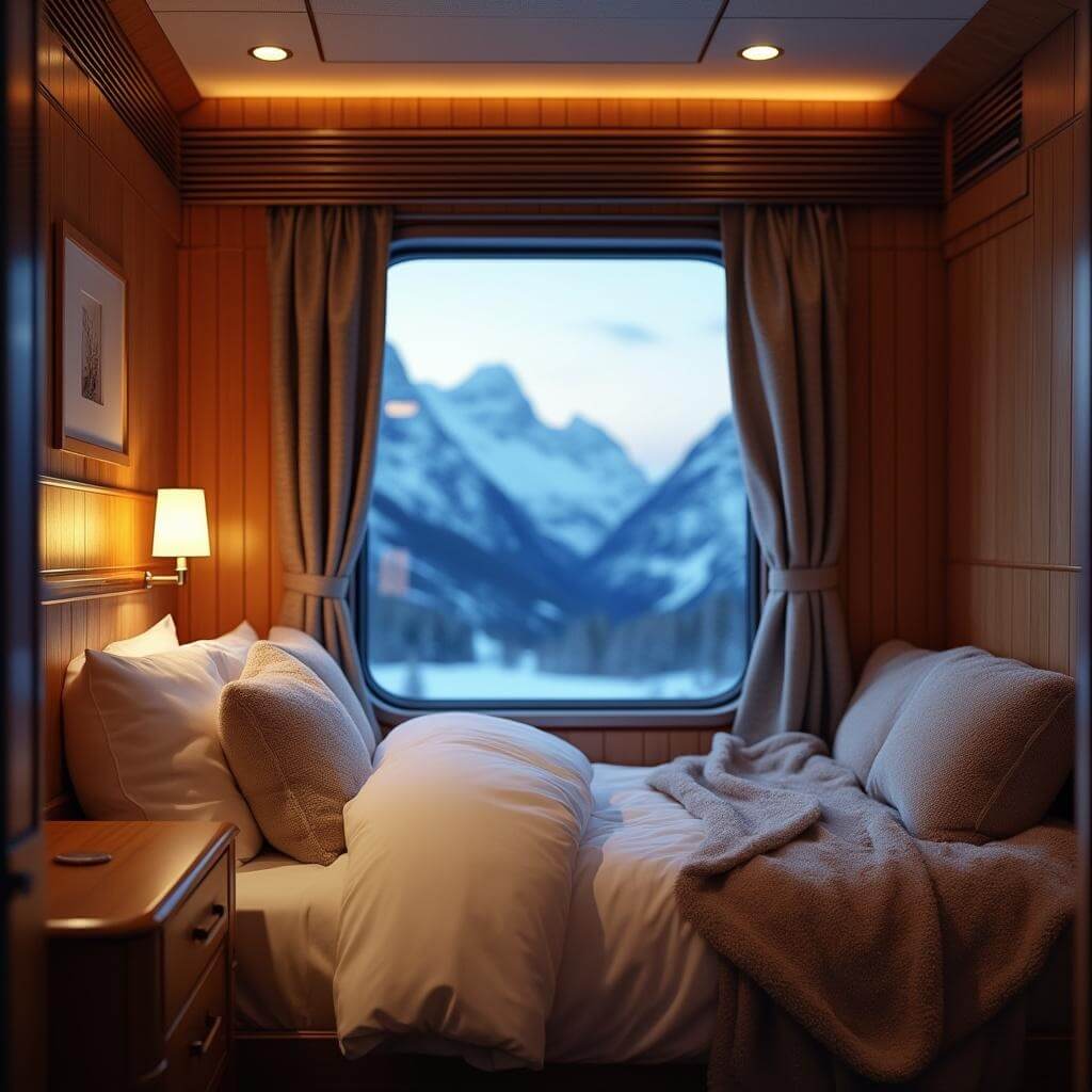 Luxurious sleeper car interior on a train at dusk with ambient lighting, plush bedding, wood-paneled walls, and snow-capped mountains through a window
