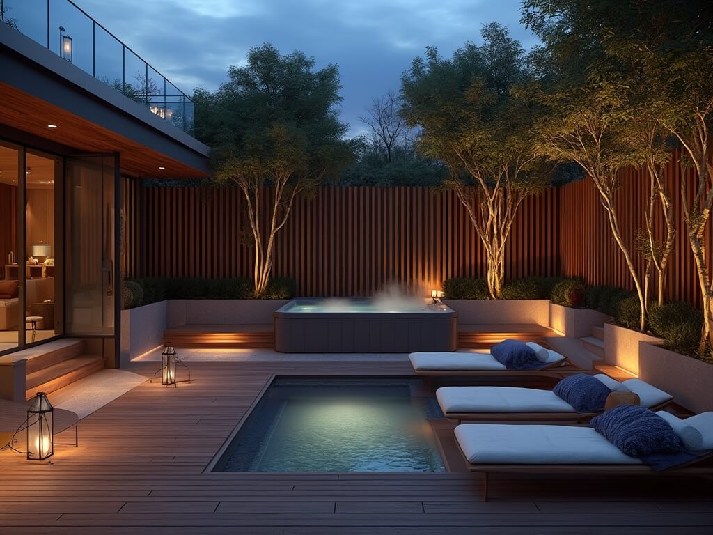 "Modern backyard hot tub sanctuary with cedar privacy screens, LED-lit bamboo, teak loungers, and string lights at twilight."