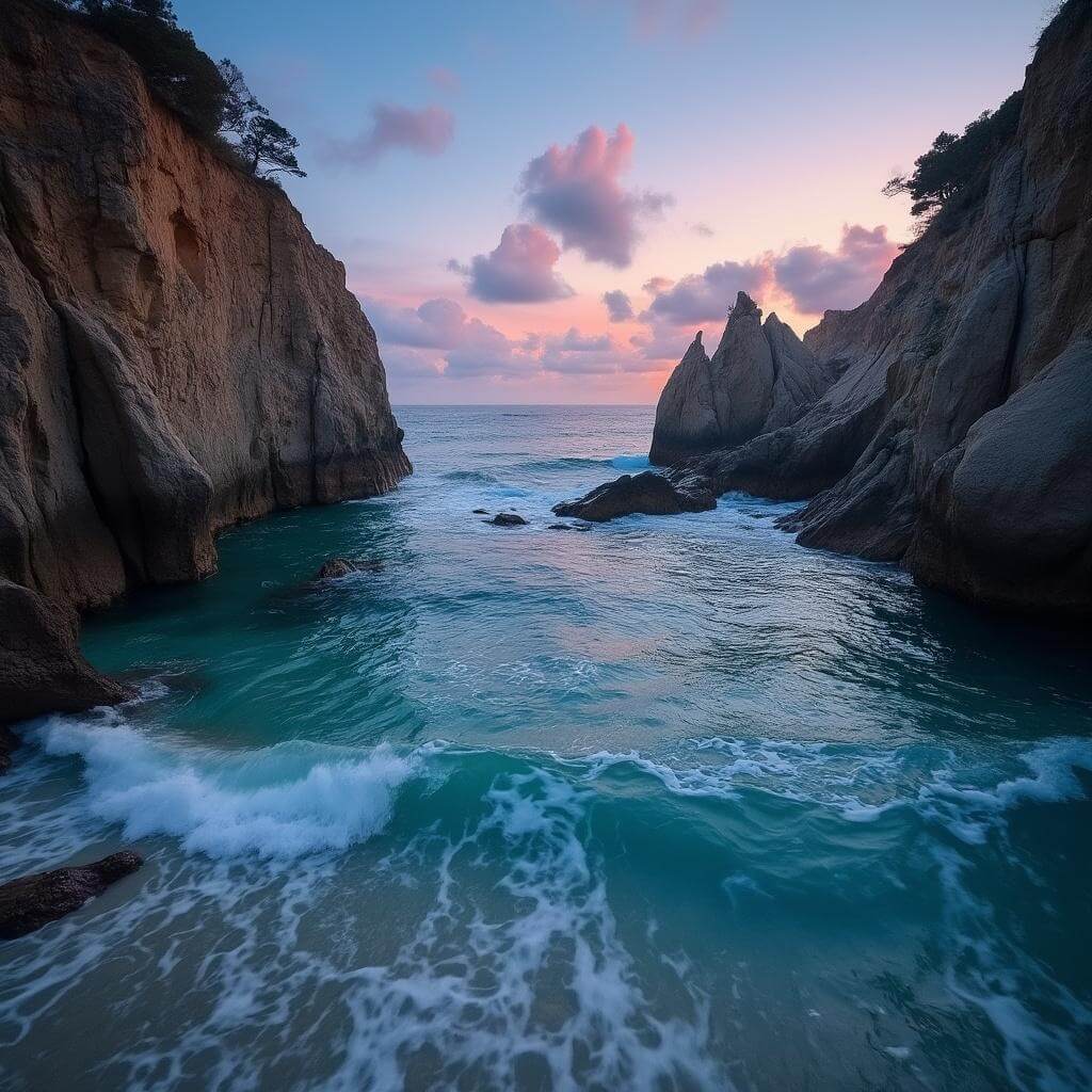 Twilight view of a secluded Malibu beach cove with towering cliffs, rock formations, crashing waves, and gradient turquoise to deep blue waters under a sunset-hued sky