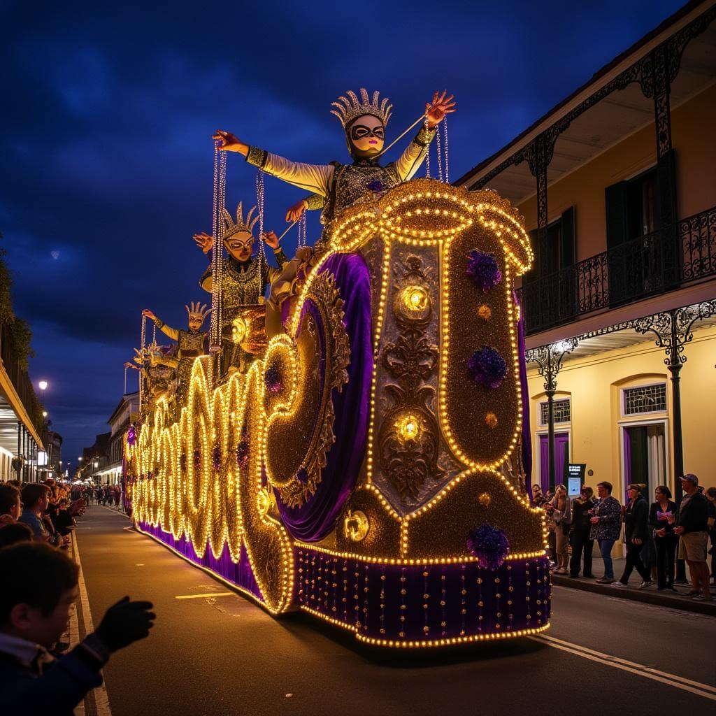 Mardi Gras float with gold and purple decorations, masked riders throwing beads to crowds in French Quarter at night