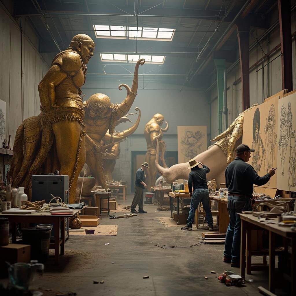 Artisans hand-painting props and sculptures in a Mardi Gras float workshop with tools, sketches, and partially completed floats in view.