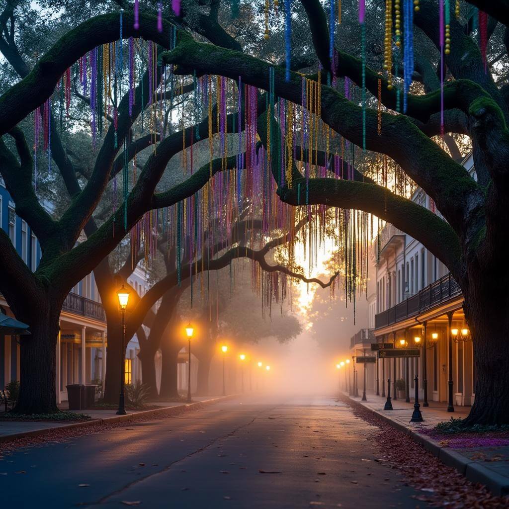 Dawn breaks on St. Charles Avenue after Mardi Gras, with colorful beads hanging from oak trees and early morning fog rolling through the empty streets