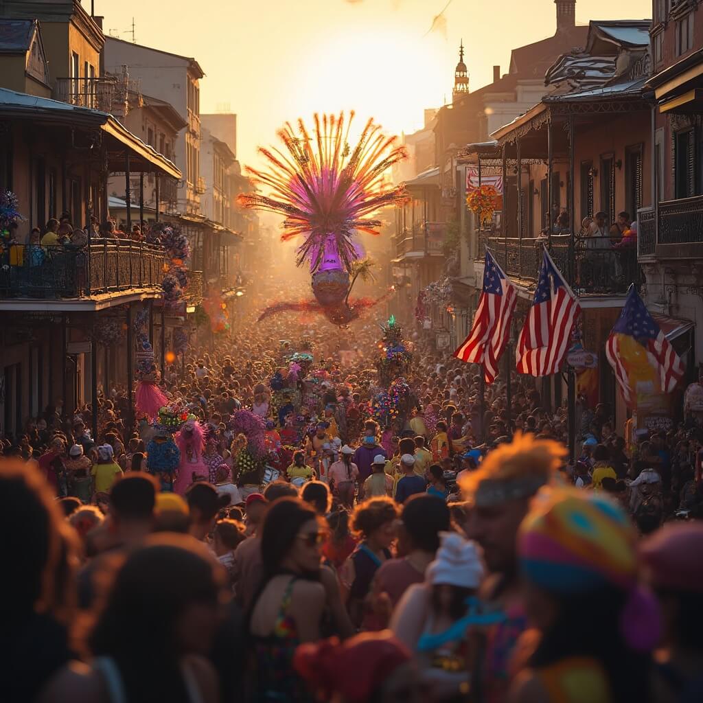 Crowded street in New Orleans during Mardi Gras, featuring vibrant parade-goers, elaborate costumes, huge festive floats, and golden sunset