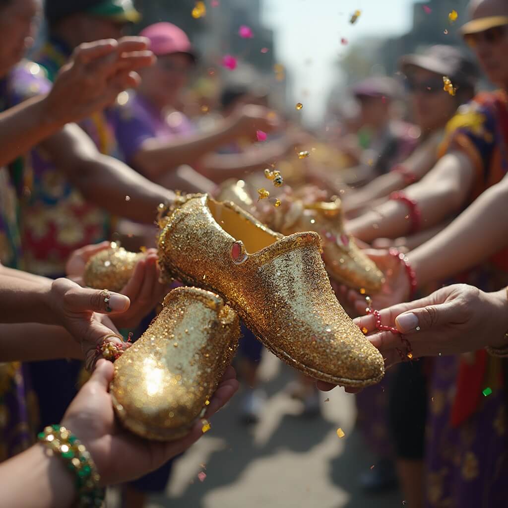 Parade participants at Mardi Gras catching glittery Muses shoes and Zulu coconuts, with hands outstretched and beads flying in excitement