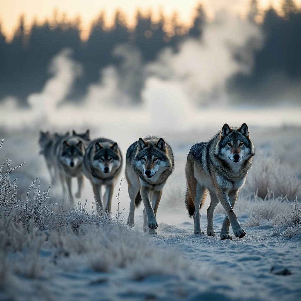 Alpha grey wolf leading pack across frost-covered valley at dawn, with morning mist and distant thermal steam vents