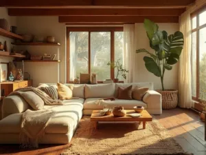 "Sunlit bohemian living room with wood-beamed ceilings, floor-to-ceiling windows, plush sectional sofa, teak coffee table, layered rugs, and decorative accents in earth tones."