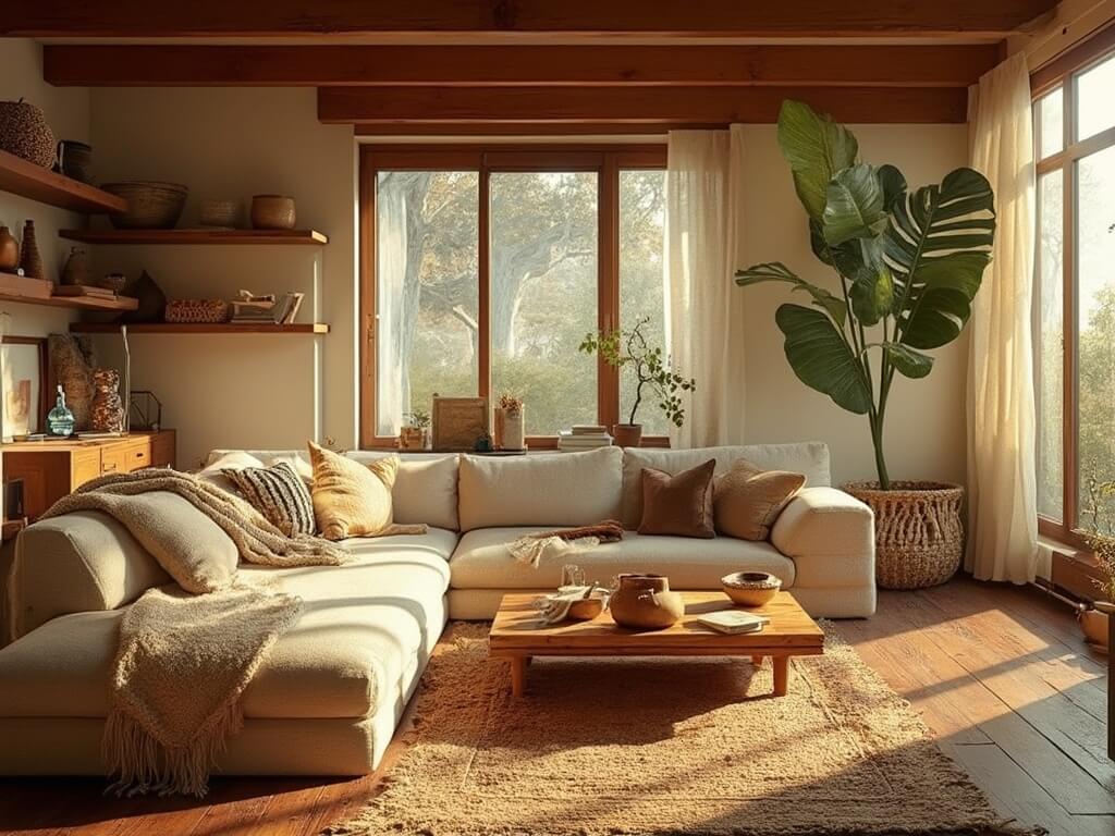 "Sunlit bohemian living room with wood-beamed ceilings, floor-to-ceiling windows, plush sectional sofa, teak coffee table, layered rugs, and decorative accents in earth tones."