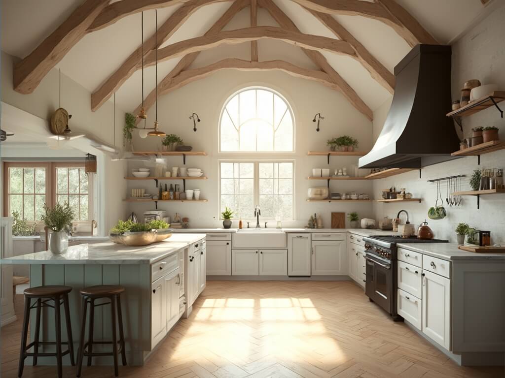 "Modern farmhouse kitchen with high ceilings, marble island, white cabinets and sage green accents, bathed in morning sunlight"