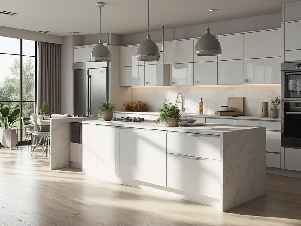 "Luxury contemporary kitchen with black stainless steel appliances, white shaker cabinets, waterfall island, and natural lighting"