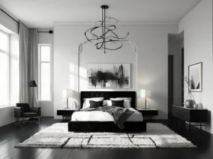 "Modern monochrome bedroom with black king bed, white marble-topped nightstands, abstract art, floor-to-ceiling drapes, and glossy black hardwood floors"
