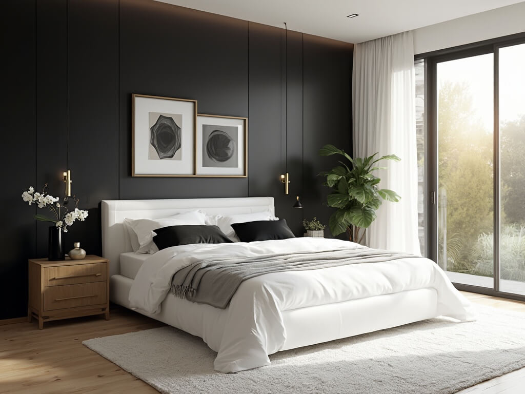 "Modern monochrome bedroom with floor-to-ceiling windows, white bed, black accent wall, and minimalist decor"