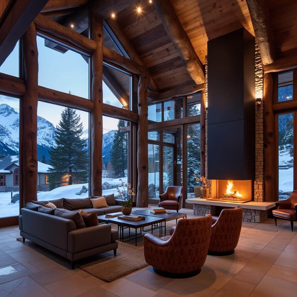 Modern ski lodge interior at dusk with rustic timber beams, contemporary design, warm ambient lighting, floor-to-ceiling windows overlooking snow-capped mountains, and a cozy fireplace illuminating high-end furniture.