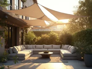 "Modern patio at sunset with white sail shades, contemporary gray sectional, teak accent furniture, potted succulents, and overhead string lights in a minimalist sage green setting"
