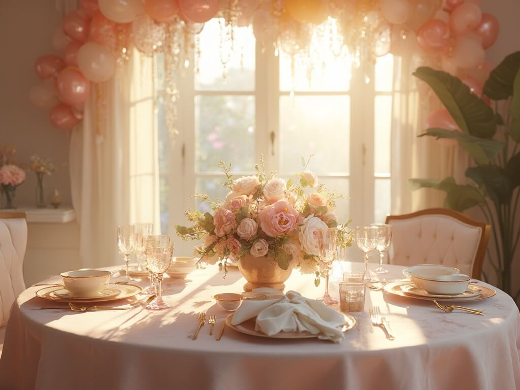 "Sunlit Mother's Day celebration breakfast nook with a marble table set-up, pink balloon garland, fresh flowers, and family photos"