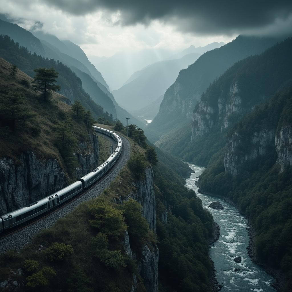 Aerial view of a silver train navigating a mountain gorge, with an impending thunderstorm, dramatic clouds and visible river rapids below.