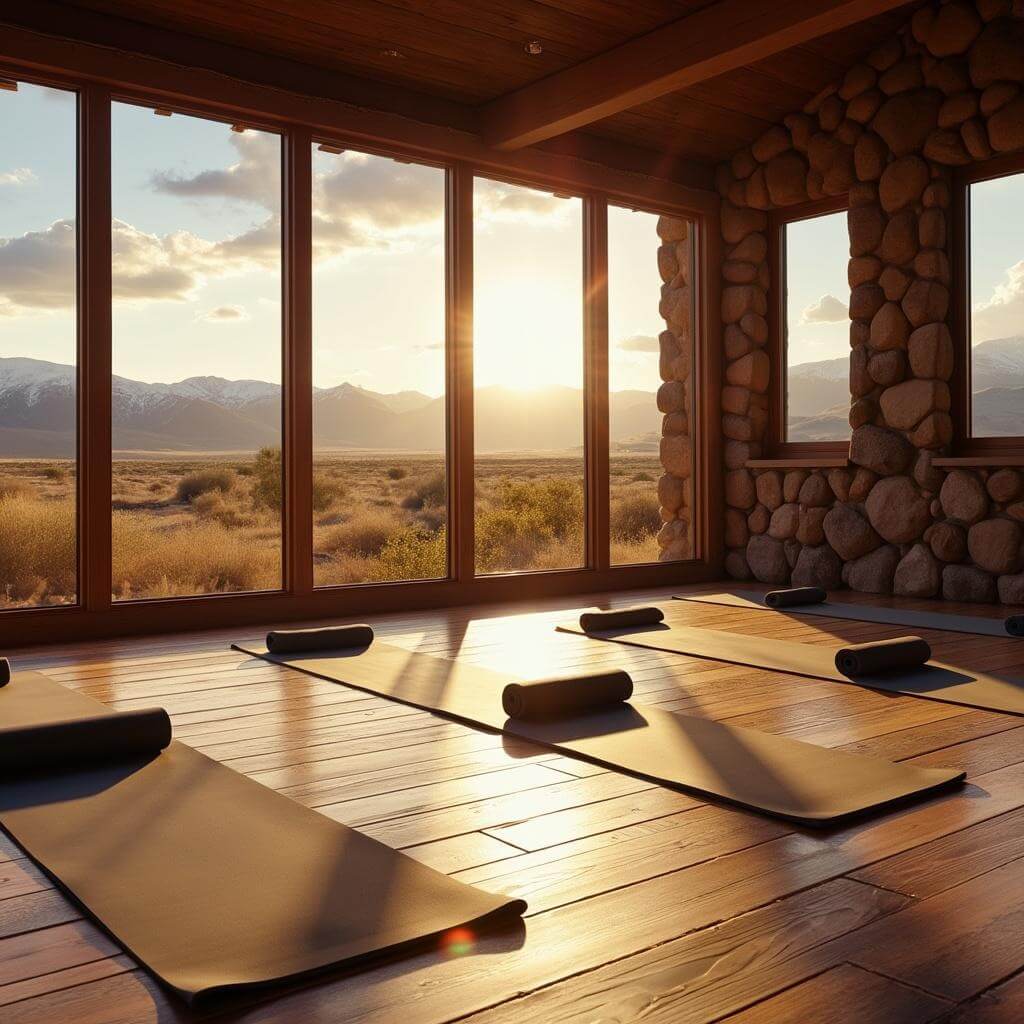 Serene yoga studio with floor-to-ceiling windows highlighting the Sangre de Cristo Mountains at sunrise, empty yoga mats on wooden floors, and natural stone accents