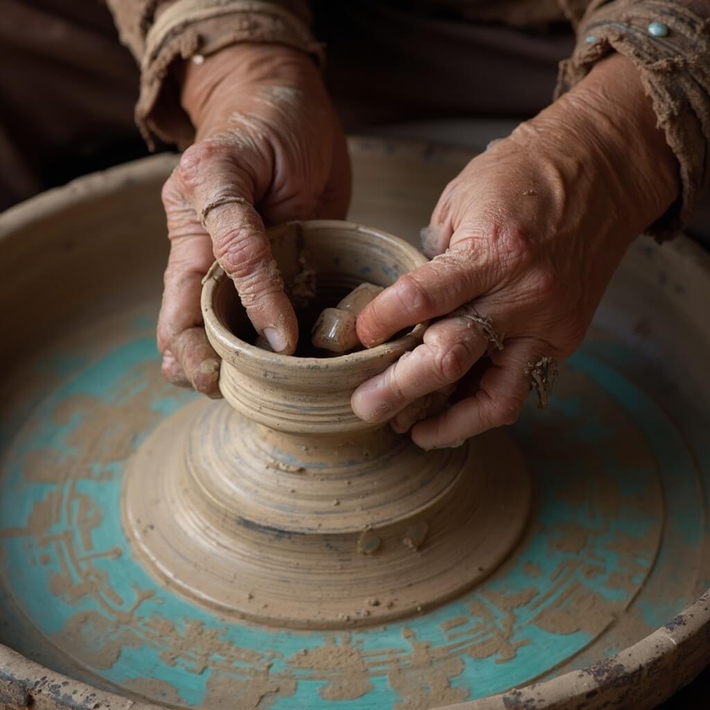 Close-up of Native American artist's hands crafting intricate pottery on a traditional wheel, highlighting weathered skin, detailed ceramic textures, and turquoise and earth-toned pottery in soft natural lighting
