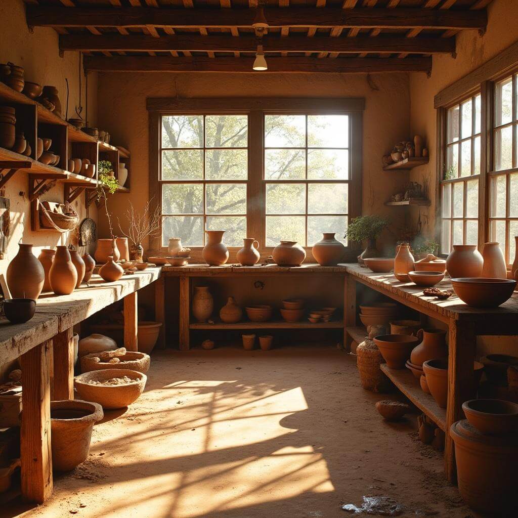 Sunlit artist's studio with pottery wheels, clay-smeared workbenches, Native American pottery on wooden shelves, and afternoon shadows on the earthen floor.