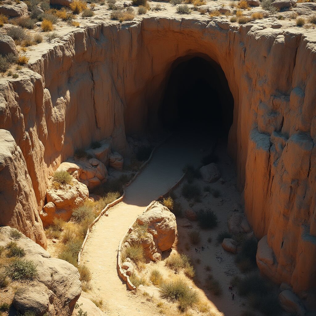 Overhead view of Natural Entrance Trail winding into a dark cave mouth, surrounded by limestone cliffs and desert landscape under sunlight.