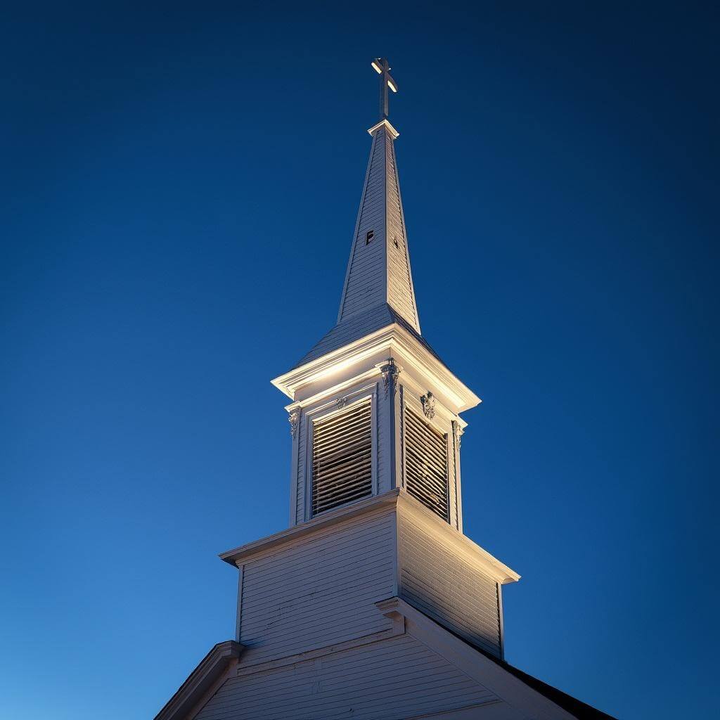 Old North Church steeple's delicate colonial craftsmanship illuminated against a deep blue twilight sky