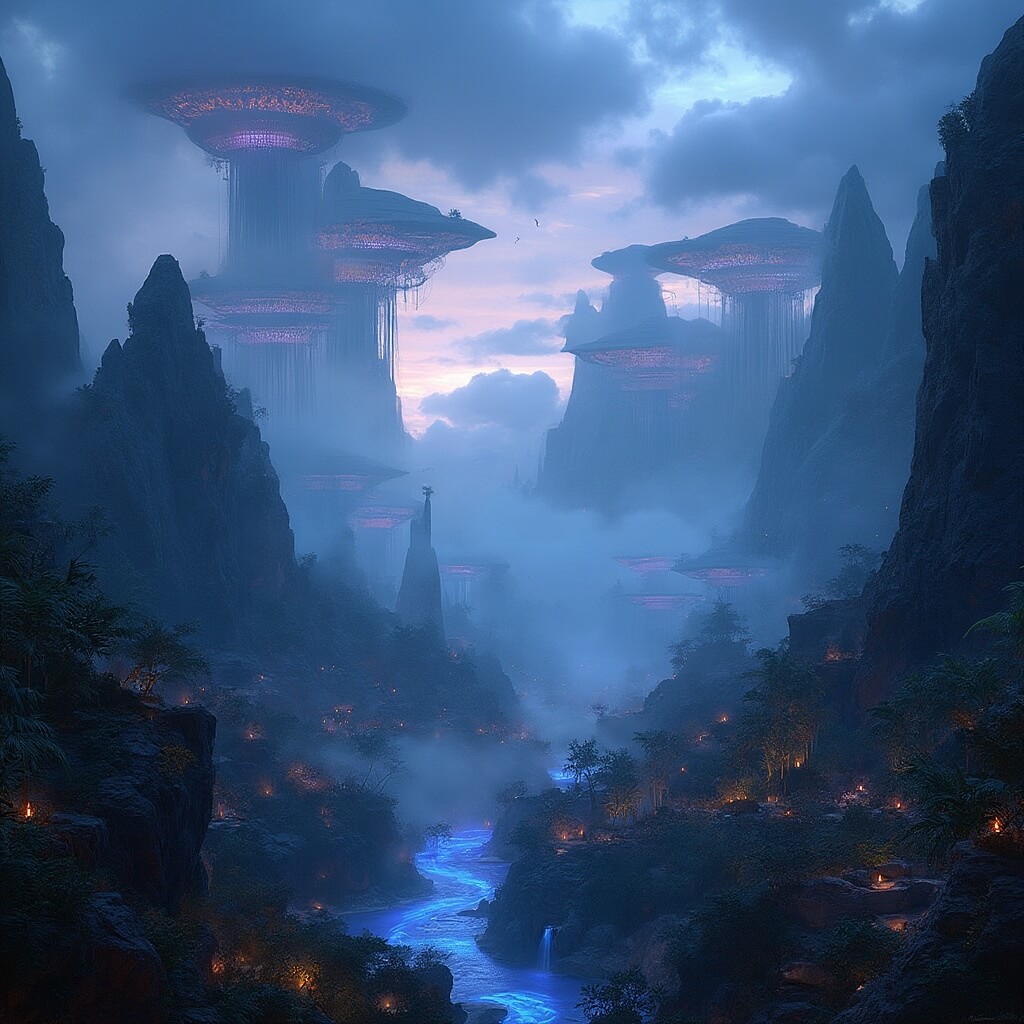 Dramatic evening view of Pandora - The World of Avatar at Disney's Animal Kingdom with glowing bioluminescent mountains and exotic vegetation