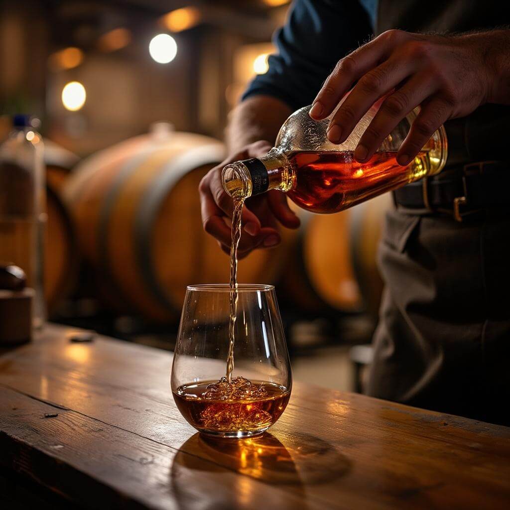 Master distiller pouring golden spirit in craft distillery in Portland with wooden aging barrels in background under warm ambient lighting