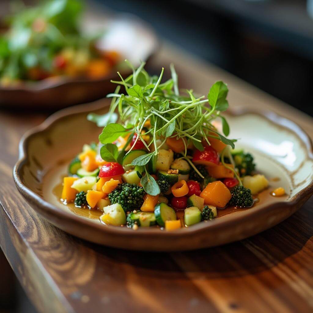 Artfully arranged colorful vegan dish with locally-sourced vegetables on a rustic ceramic plate in soft natural lighting at a Portland restaurant