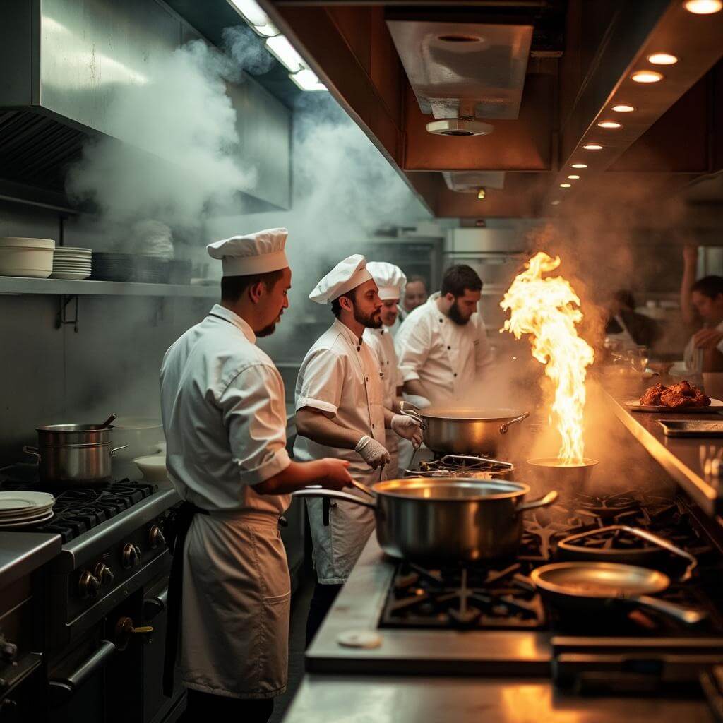 Chefs in white coats working in a busy Portland restaurant kitchen with steam and flames visible, under gleaming stainless steel surfaces and professional lighting
