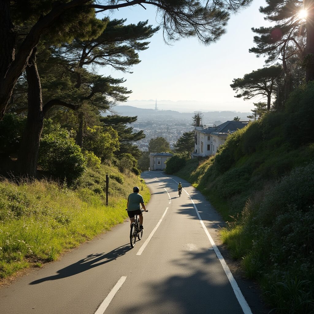 Cyclist on scenic path through Presidio with green trees, historic military buildings, and distant view of San Francisco's urban landscape