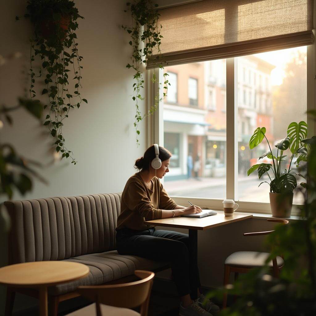 Solitary writer working on a laptop in a minimalist cafe with soft lighting, various plants, and fabric wall panels. The writer is using noise-canceling headphones and a personal coffee cup.