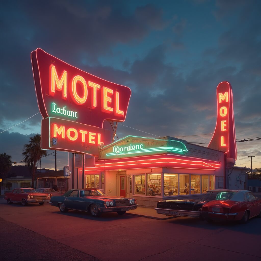 Vintage Route 66 motel at twilight with neon lights and classic cars, highlighting Googie architecture and mid-century Americana aesthetic