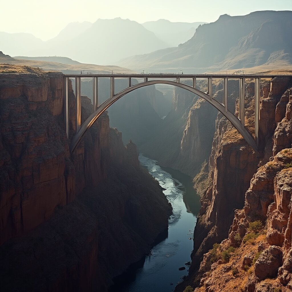 Rio Grande Gorge Bridge suspended above canyon, bathed in early morning light amidst stark New Mexico wilderness