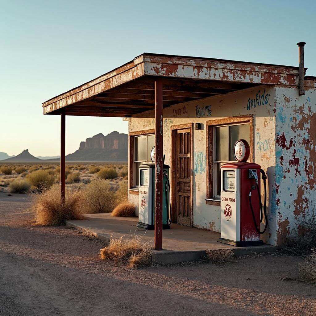 Rustic, abandoned gas station on Route 66 in the desert at dawn, surrounded by cacti and tumbleweeds, with distant mesas on the horizon.
