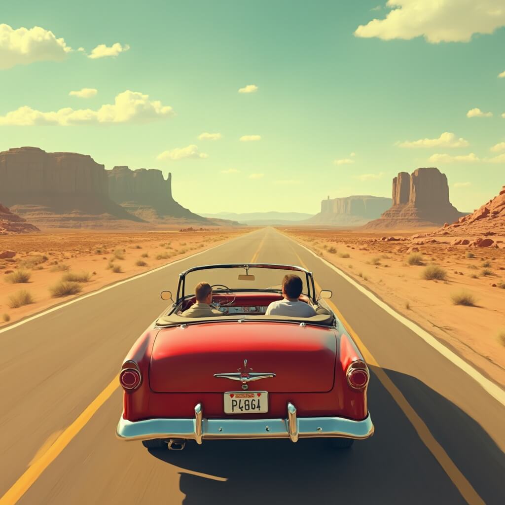 1950s convertible driving on Route 66 through a golden desert landscape with distant mesas