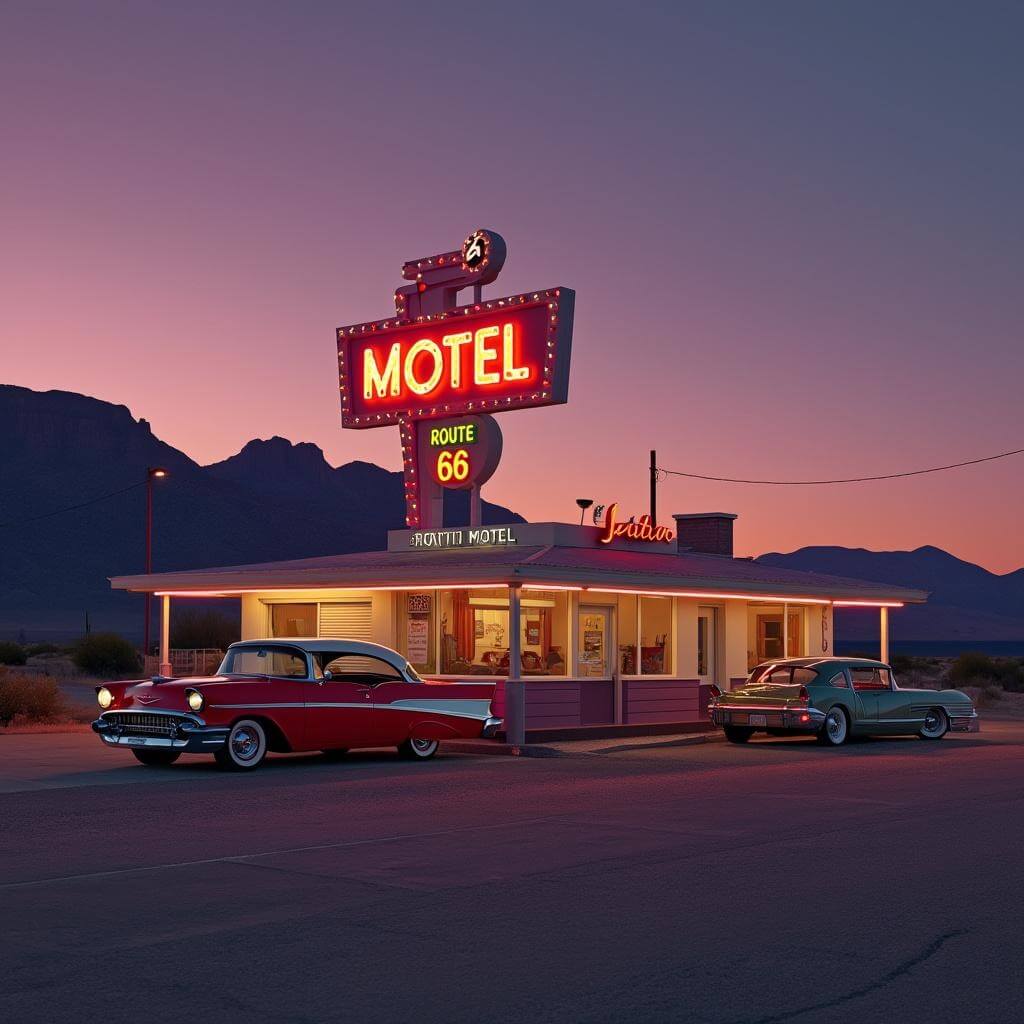 Vintage motel on Route 66 at dusk with neon sign, 1950s cars, desert mountains in background, and light from windows creating nostalgic atmosphere