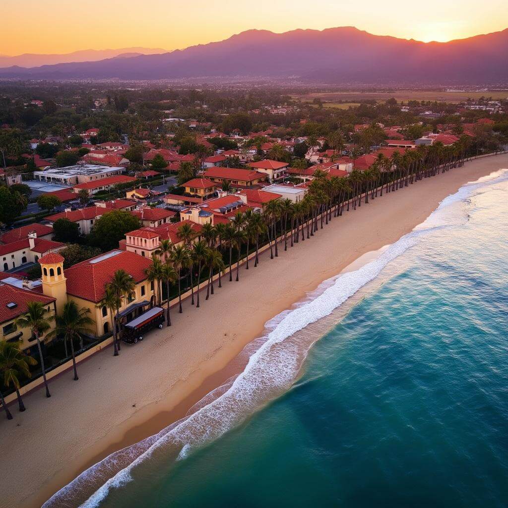 Aerial sunset view of Santa Barbara coastline featuring Spanish Colonial Revival architecture, palm-lined beaches, turquoise waters, golden sand, and Santa Ynez mountains silhouette.