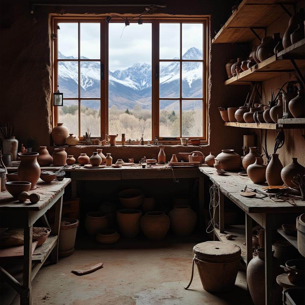 Potter's studio in Santa Fe with unfinished pottery, clay tools and traditional Native American pieces, overlooking snow-capped mountains