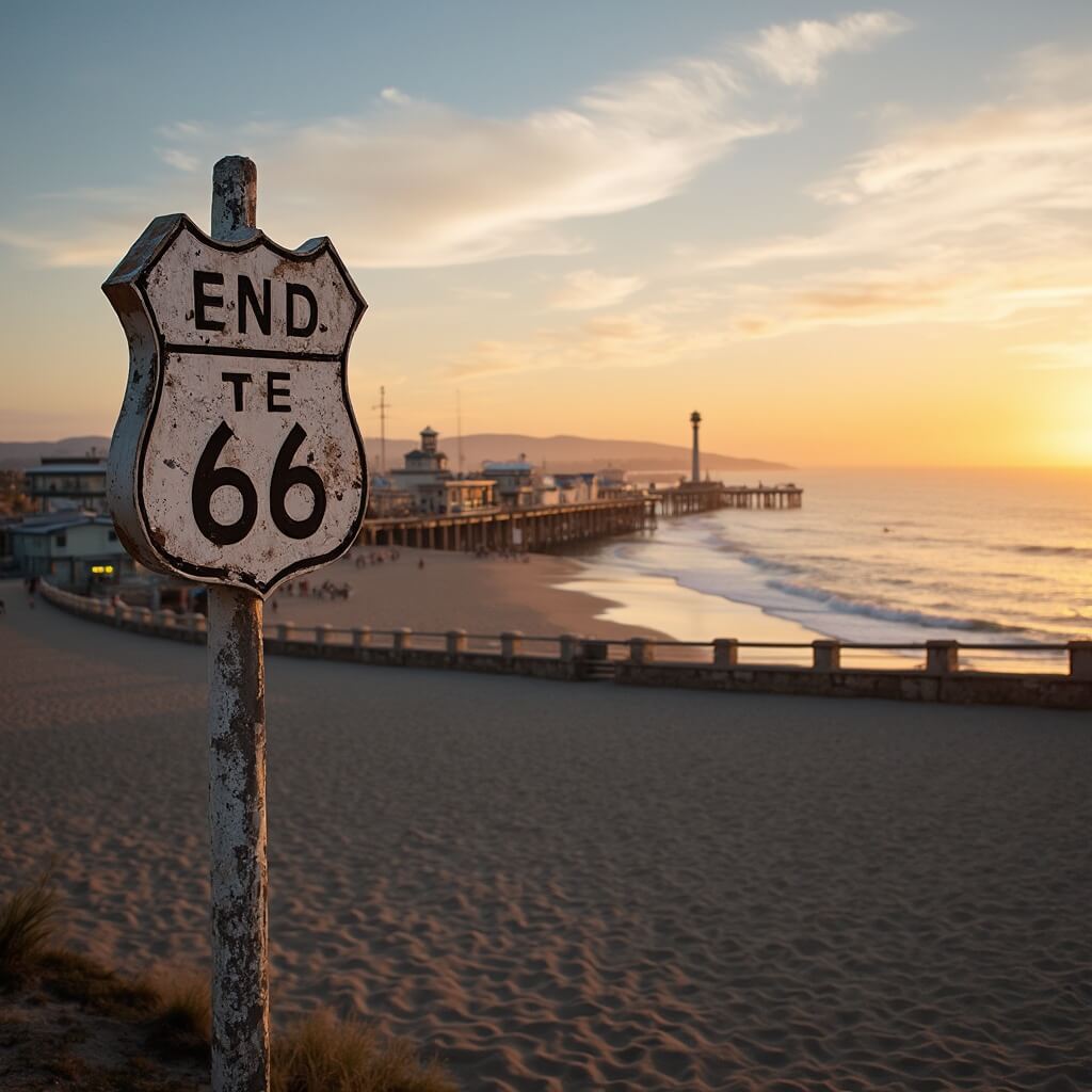 Santa Monica Pier at sunset featuring Route 66 'end of the trail' marker with Pacific Ocean and California coastline in the background
