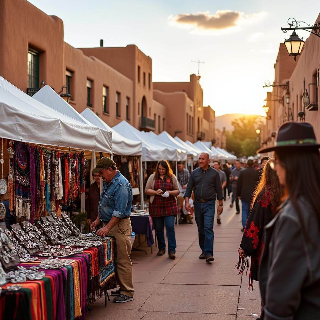 Native American artists displaying textiles and silver jewelry at the Indian Market in Santa Fe Plaza with Southwestern architecture in background