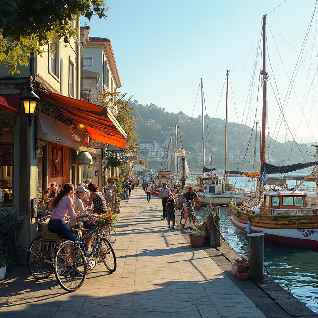 Colorful boats moored in Sausalito marina with cyclists relaxing at a cafe, in warm afternoon sunlight