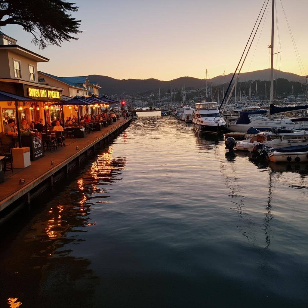 Sausalito waterfront at sunset with outdoor restaurants, boats in marina, and hills of Marin County in background