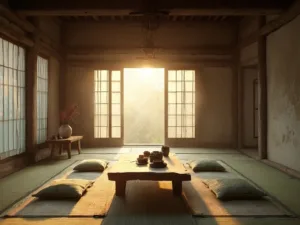 "Photorealistic image of a serene Japanese tea room at dawn with golden light filtering, showcasing tatami mats, a wooden table with ceramic tea set, and moss-green cushions amid an earthy color palette."