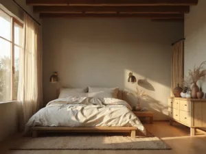 "Serene wabi-sabi style bedroom with natural light filtering through sheer curtains, showcasing a wooden platform bed, reclaimed oak flooring, and rustic decor."