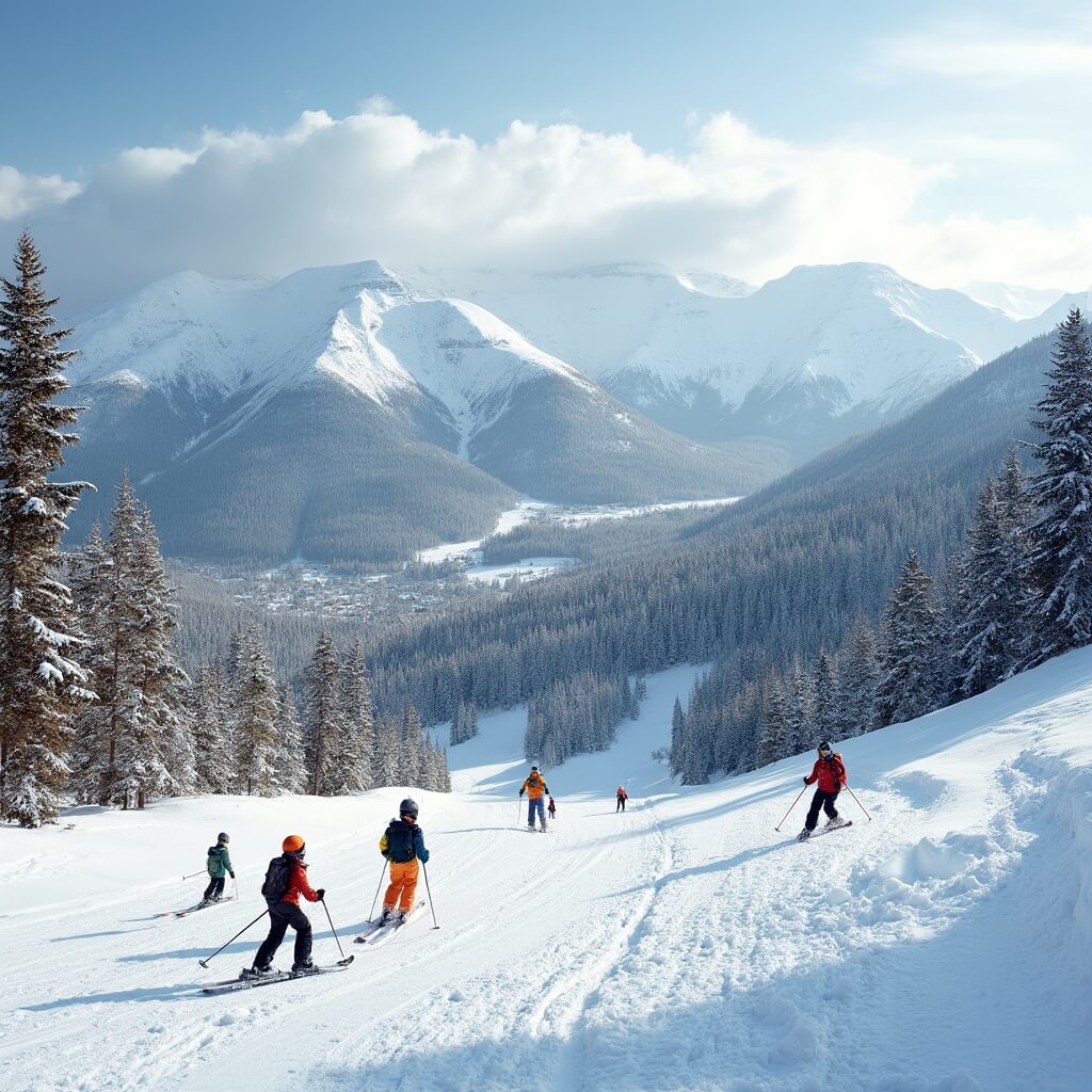 Family-friendly ski run at Snowmass with numerous skiers, surrounded by snowy mountain peaks and dense pine forests under soft sunlight