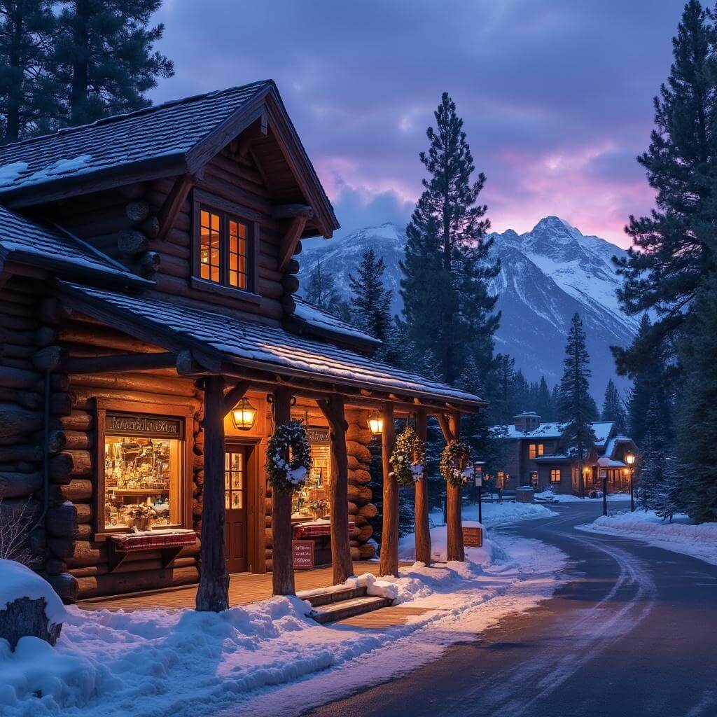 Rustic log cabin storefront at dusk with warm interior lights, surrounded by pine trees and fresh snow on porch, with mountains and purple-blue sky in the background
