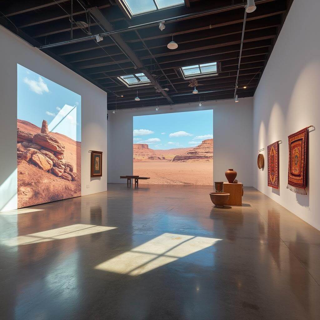 Multimedia installation in a contemporary gallery featuring a fusion of traditional Southwestern art and modern technology with digital projections, woven textiles and pottery pieces illuminated by natural skylights on a polished concrete floor.