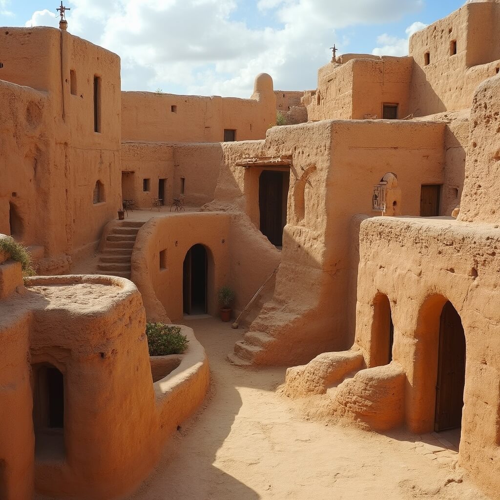Architectural detail of traditional Taos Pueblo adobe buildings in warm terracotta colors, displaying intricate clay construction and multi-level structures under soft natural lighting