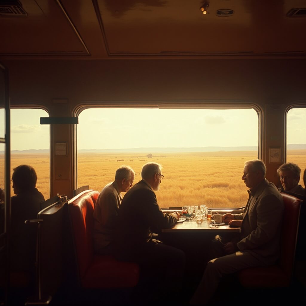 Passengers viewing a vast golden wheat field through the panoramic windows of a train's observation car in the late afternoon sunlight