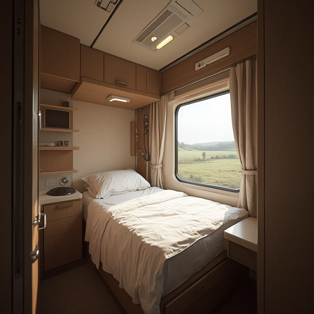 Interior view of a train sleeping compartment featuring a neatly folded bed, compact storage space, and a scenic landscape visible through the softly lit window